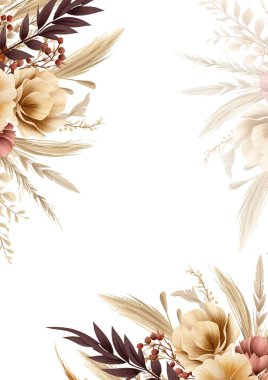 Boş boşluklu davet şablonu için Rustik çiçek çerçevesi kenarlığı. Kahverengi bej ve beyaz davetiye arkaplan çiçekli suluboya resim