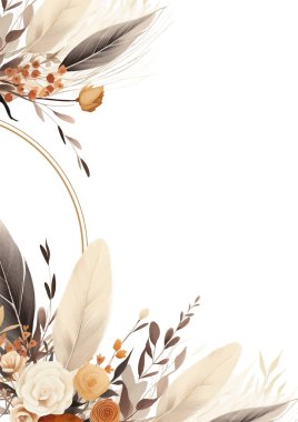 Boş boşluklu davet şablonu için Rustik çiçek çerçevesi kenarlığı. Kahverengi bej ve beyaz suluboya el boyası arkaplan şablonu Davetiye ve çiçek ile birlikte