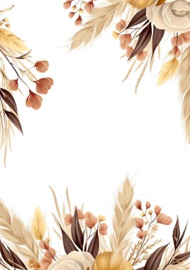 Boş boşluklu davet şablonu için Rustik çiçek çerçevesi kenarlığı. Kahverengi bej ve beyaz modern arkaplan suluboya çiçek ve çiçek daveti