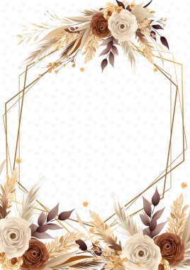 Kahverengi bej ve beyaz çelenk arka plan davetiye çerçevesi çiçek ve flora ile