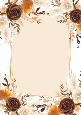 Kahverengi bej ve beyaz çelenk arka plan davetiye çerçevesi çiçek ve flora ile