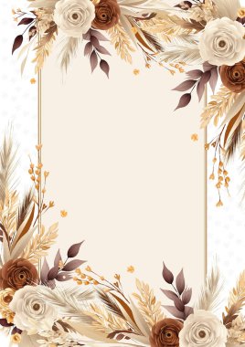 Kahverengi bej ve beyaz vektör gerçekçi altın renkli çiçek ve flora davetiyesi