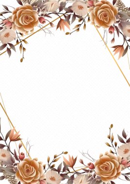 Kahverengi bej ve beyaz suluboya el boyası arkaplan şablonu Davetiye ve çiçek ile birlikte