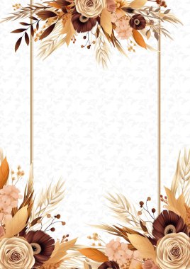 Kahverengi bej ve beyaz çelenk. Çiçekli ve çiçekli davetiye şablonu.