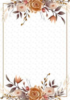 Kahverengi bej ve beyaz çelenk. Çiçekli ve çiçekli davetiye şablonu.