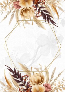 Beyaz ve kahverengi çelenk arka plan davetiye şablonu çiçek ve bitki ile