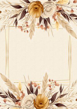 Kahverengi ve bej renkli suluboya el boyası arkaplan şablonu Davetiye ve çiçekli