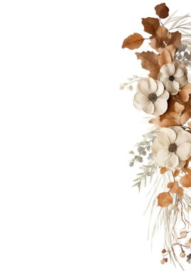 Kahverengi beyaz ve bej renkli suluboya el resmi. Çiçekli ve çiçekli davetiye için arka plan şablonu.