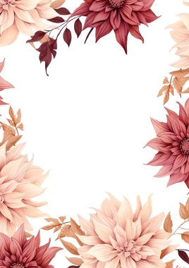 Kırsal, çiçekli duvar kağıdı arka planı. Kenarında çiçekler olan bir poster. Kahverengi bej ve beyaz davetiye arkaplan çiçekli suluboya resim