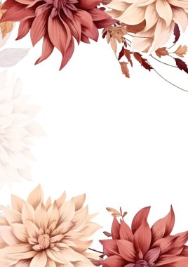 Kırsal, çiçekli duvar kağıdı arka planı. Kenarında çiçekler olan bir poster. Kahverengi bej ve beyaz modern moda vektör tasarımı çerçevesi. Arkaplan sonbahar boho şablonu