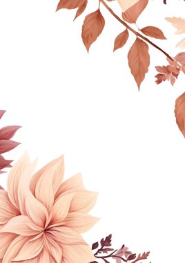 Kırsal, çiçekli duvar kağıdı arka planı. Kenarında çiçekler olan bir poster. Kahverengi bej ve beyaz çelenk arka plan davetiye çerçevesi çiçek ve flora ile