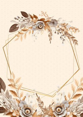 Kahverengi beyaz ve bej renkli suluboya el resmi. Çiçekli ve çiçekli davetiye için arka plan şablonu.