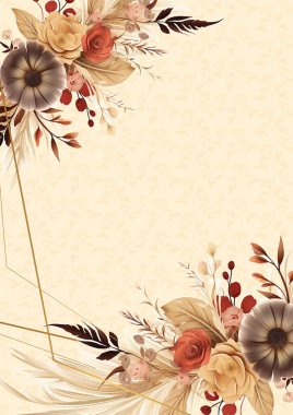 Kahverengi beyaz ve bej renkli suluboya el resmi. Çiçekli ve çiçekli davetiye için arka plan şablonu.