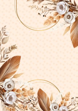 Kahverengi beyaz ve bej vektör gerçekçi altın renkli çiçek ve flora davetiyesi
