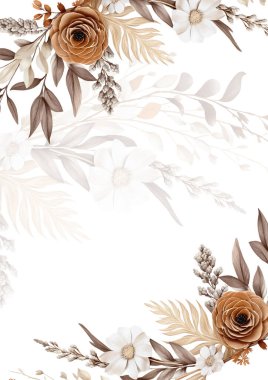 Kahverengi beyaz ve bej renkli modern arka plan davetiye şablonu çiçek ve flora ile