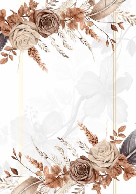 Kahverengi bej ve beyaz suluboya el boyası arkaplan şablonu Davetiye ve çiçek ile birlikte
