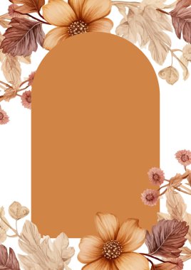 Rustic floral and minimalist flowers with empty space and elegant leaves. Brown beige and white wreath background invitation frame with flora and flower