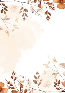 Rustic floral and minimalist flowers with empty space and elegant leaves. Brown beige and white modern background watercolor invitation with floral and flower