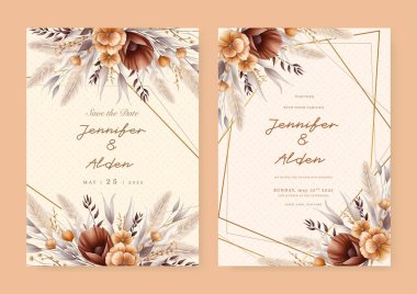 Kahverengi beyaz ve bej renkli modern düğün davetiyesi şablonu çiçek ve flora