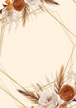 Kahverengi beyaz ve bej renkli modern arkaplan çiçekli suluboya davetiyesi