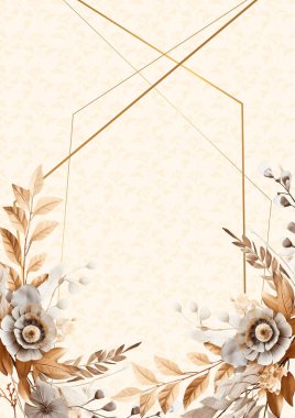 Kahverengi beyaz ve bej vektör gerçekçi altın renkli çiçek ve flora davetiyesi