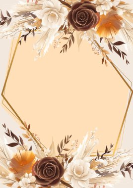 Kahverengi beyaz ve bej çelenk arka plan davetiye çerçevesi çiçek ve flora ile