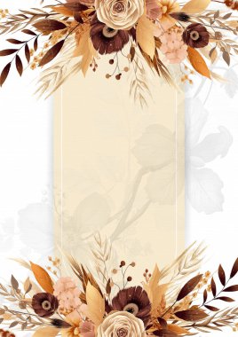 Kahverengi beyaz ve bej çelenk arka plan davetiye çerçevesi çiçek ve flora ile