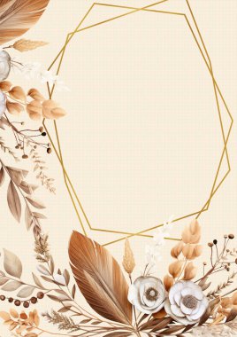 Kahverengi beyaz ve bej renkli modern arkaplan çiçekli suluboya davetiyesi