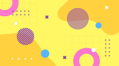 Yellow pink and blue vector memphis geometric background with shapes