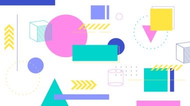 Düz geometrik arkaplan memphis sarı ve pembe hipster vektörü