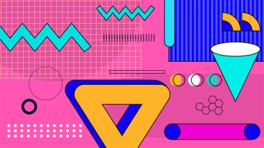 Düz geometrik arkaplan memphis sarı ve pembe hipster vektörü