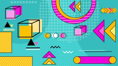 Vektör soyut memphis geometrik stil sarı yeşil ve pembe arkaplan