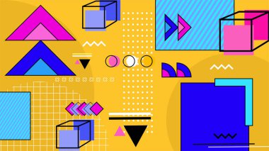 Geometrik şekilli vektör sarı ve pembe memphis tasarım arka planı