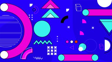 Vektör soyut düz mavi mor ve yeşil geometrik memphis hipster arka planı şekillendirir