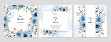 Mavi şakayıklı lüks düğün davetiyesi. Altın çizgili sanat çiçeği, botanik yapraklar, şekiller, suluboya.