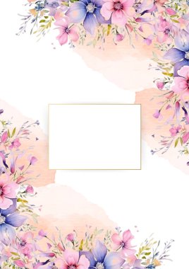 Pembe şeftali ve mor menekşe davetiye arkaplan çiçekli suluboya resim