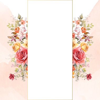 Pembe sarı ve kırmızı suluboya el boyalı arka plan şablonu Davetiye ve çiçek ile