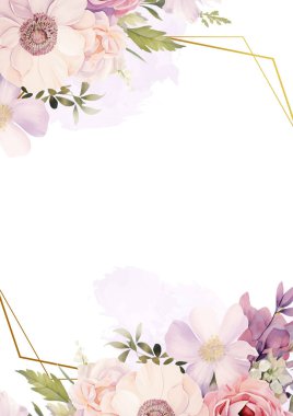 Bej beyaz ve mor menekşe arkaplan çelengi çiçek ve çiçek desenli davet şablonu