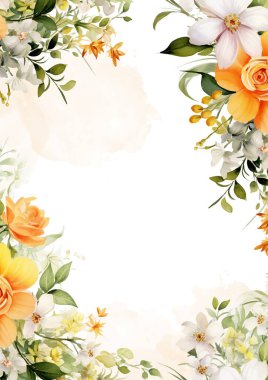 Beyaz ve turuncu vektör gerçekçi altın renkli çiçek ve bitki örtülü davetiye