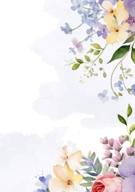 Renkli renkli çelenk arka plan davetiye şablonu çiçek ve bitki örtüsüyle