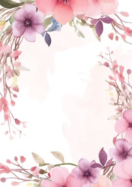 Pembe beyaz ve mor menekşe suluboya el, bitki örtüsü ve çiçekli davetiye için arka plan şablonu