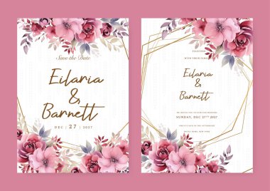 Pembe orkide zarif düğün davetiyesi şablonu suluboya çiçekli ve yapraklı.