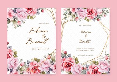 Çiçek çerçeveli pembe gül düğün davetiyesi şablonu