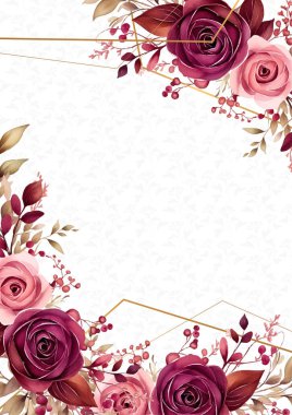 Pembe ve kırmızı çelenk arka plan davetiye şablonu çiçek ve flora ile