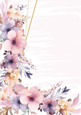 Pembe ve mor menekşe suluboya el. Çiçekli ve çiçekli davetiye için arka plan şablonu.