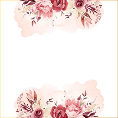 Çiçek ve bitki örtüsü olan kırmızı ve pembe vektör çerçevesi