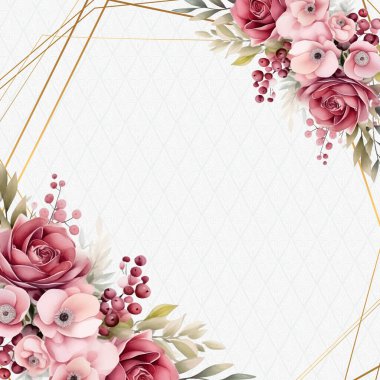 Pembe ve kırmızı suluboya el boyalı arka plan şablonu çiçek ve bitki örtülü davetiye için