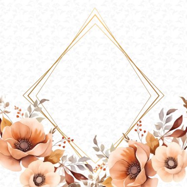 Kahverengi ve bej renkli modern çelenk çiçek ve bitki örtülü davet çerçevesi