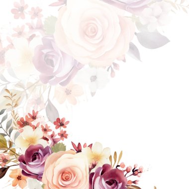 Renkli suluboya elle boyanmış arka plan şablonu Davetiye ve çiçek ile birlikte