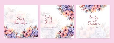 Pembe ve mor gelincik zarif düğün davetiyesi şablonu suluboya çiçekli ve yapraklı.